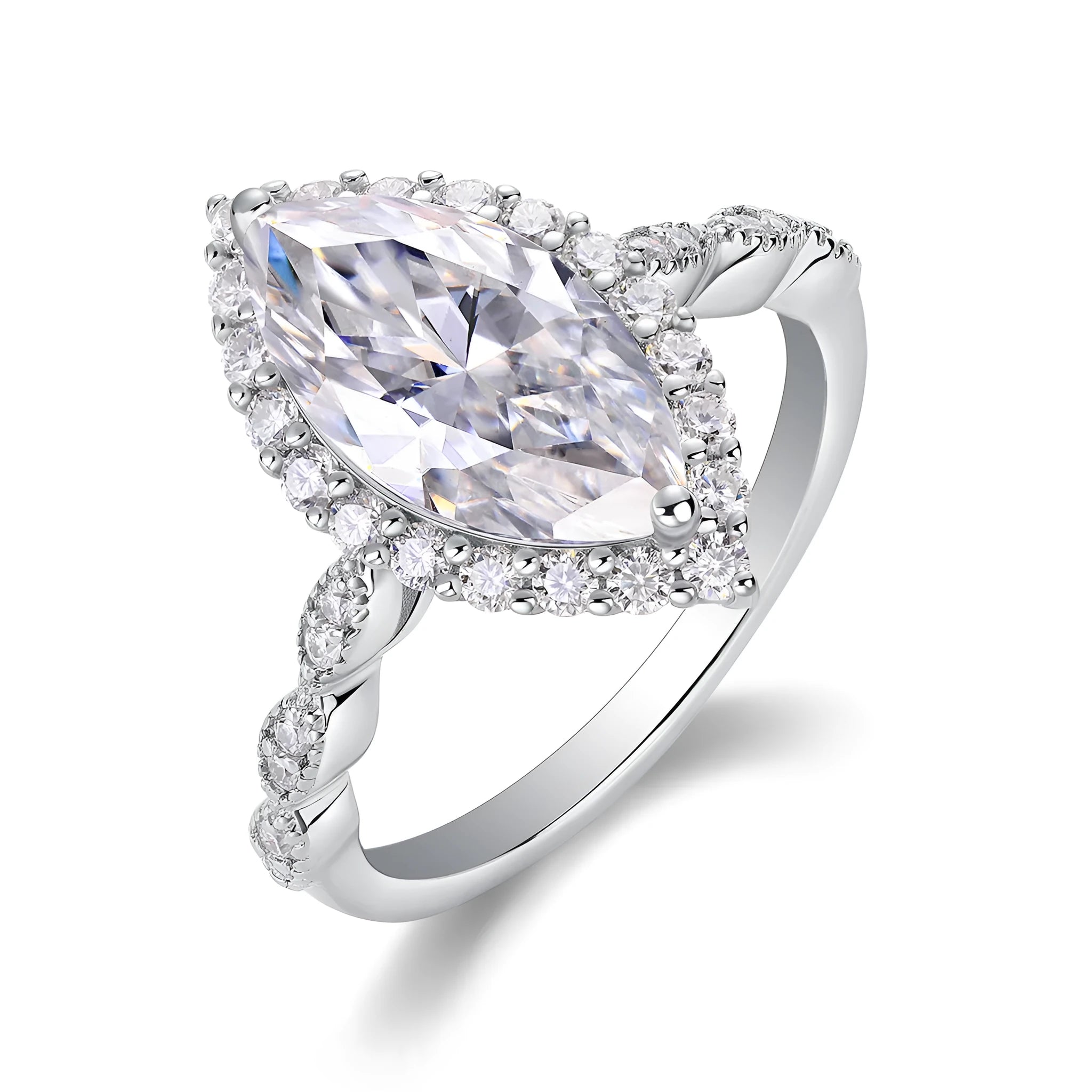 Heartbeat Mirror moissanite wedding ring set in platinum plated S925 silver, horse eye shape, gift box packaging