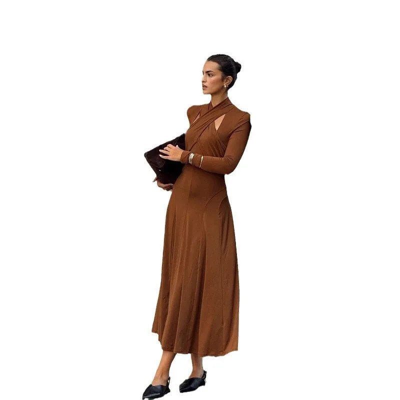 Fashion slim fit halter long sleeve princess dress in brown size S M L polyester