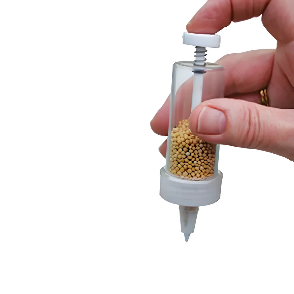 12cm long plastic mini garden seeder tool with button mechanism for container planting