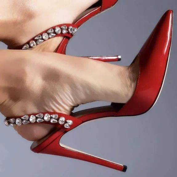 Women's pointed toe high heel sandals with rhinestone straps in patent leather