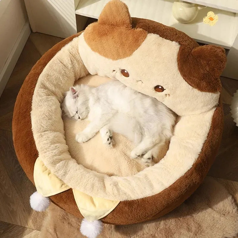 Round pet bed for cats and dogs with soft cushion and polyester cover