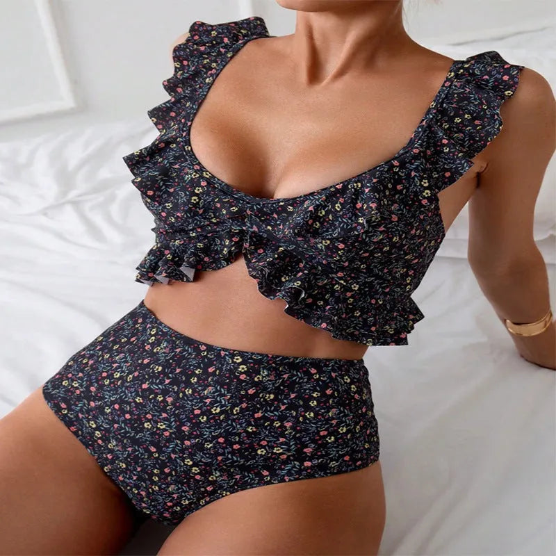 Floral flounce split backless swimsuit set, black with pink floral pattern, polyester, brief bottom, women's swimwear