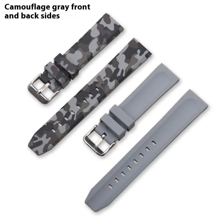 Green camouflage silicone watch strap showing flat head design and 20mm width.