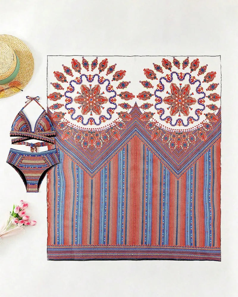 Women's three-piece split-front swimsuit set in high-waist briefs with a matching coat.