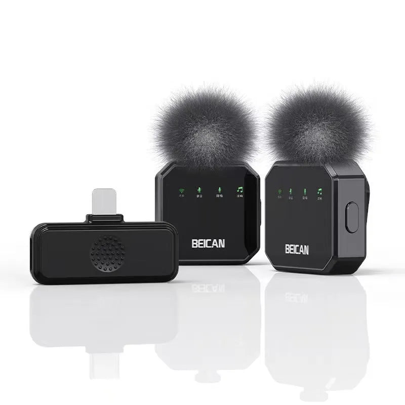 Wireless lavalier lapel microphone clip-on for mobile phone video recording with Apple or Android interface and charger