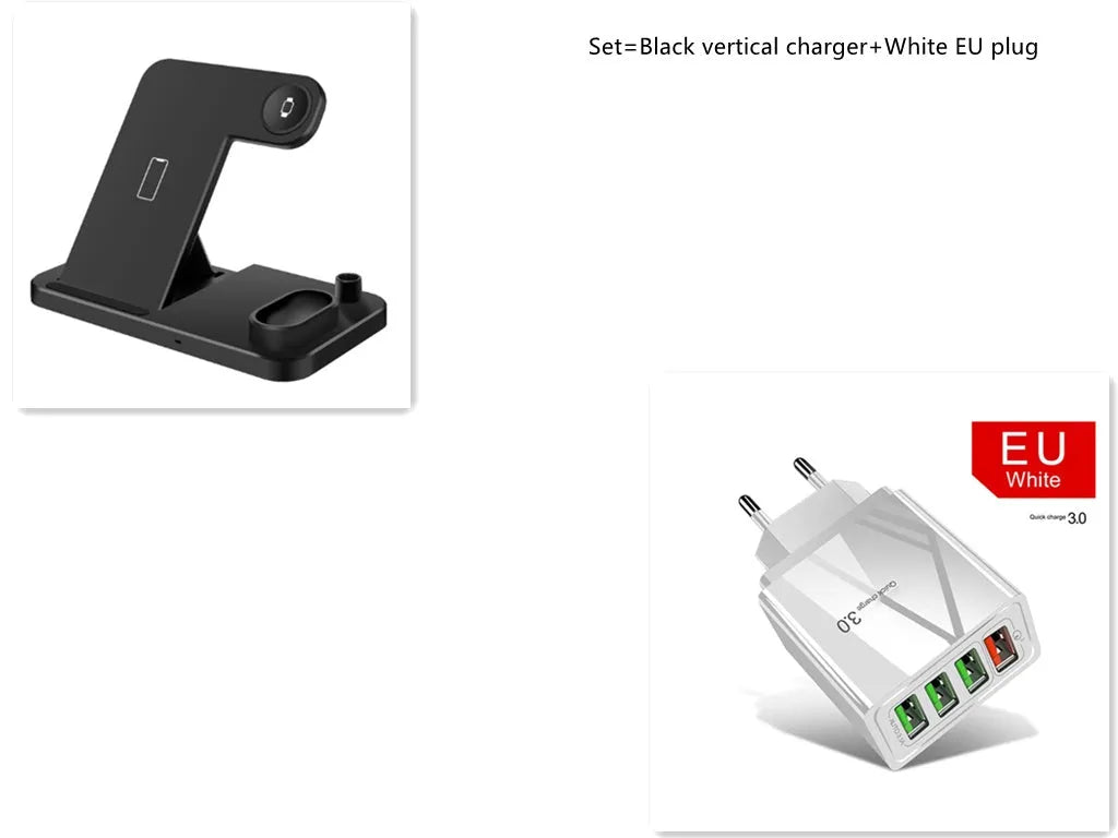 A white 4-in-1 wireless charger folded flat, showing charging pads for phone, Apple Watch, AirPods, and Apple Pencil.