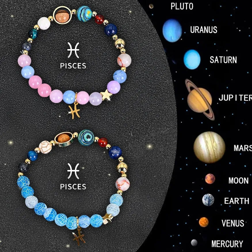 Set of twelve beaded bracelets with natural stones, each representing a different zodiac sign, laid flat.