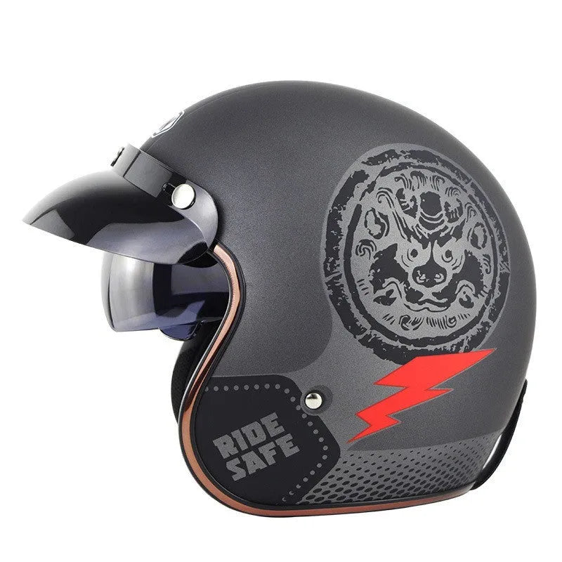 Retro-style half helmet for electric bicycles shown in a selection of colours including black, grey, white, and yellow.