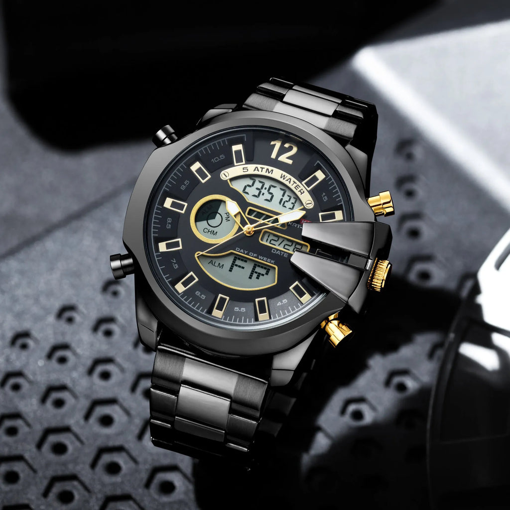 Men's double display LED sports watch with alarm, 30m water resistant, stainless steel strap, 55mm round dial, black colour