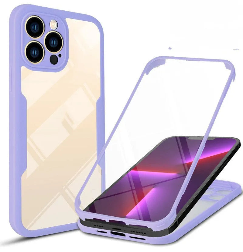 TPU full front and back protective case for iPhone in multiple colours including black, blue, red, pink, green, and purple.