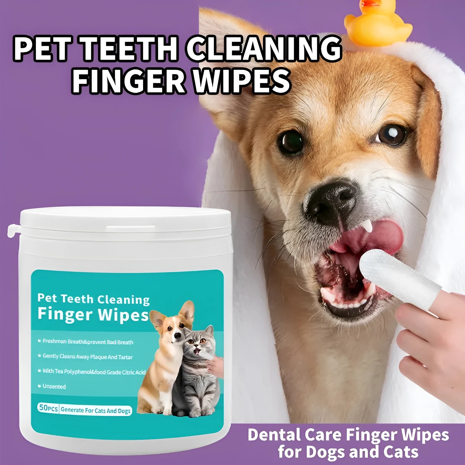 Box of disposable pet ear and tooth cleaning wipes, 50 pieces each, non-woven fabric fingertip wipes for cats and dogs
