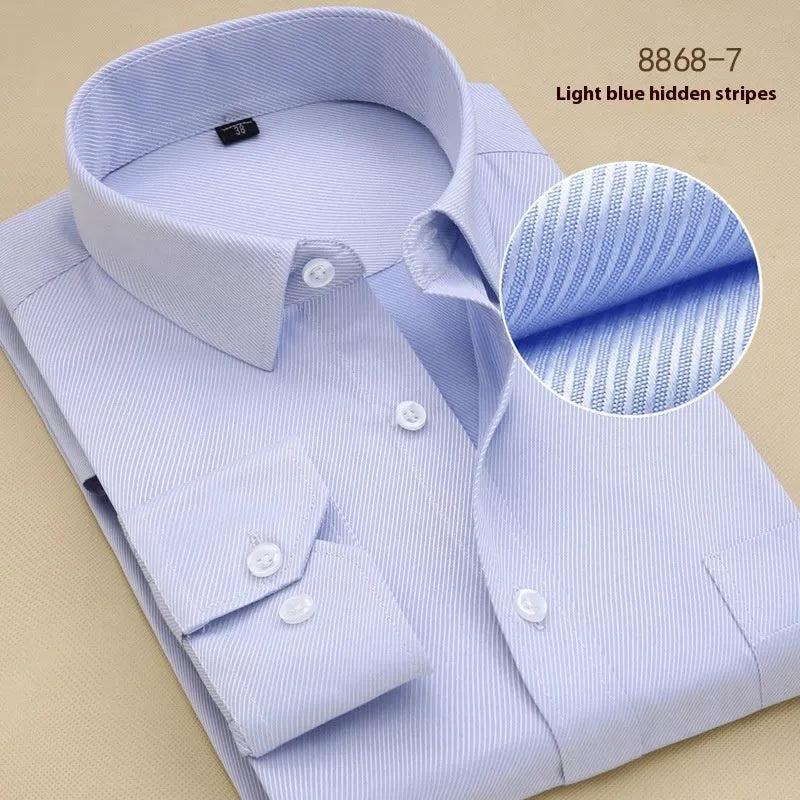 Men's black slim fit long sleeve cotton business shirt on a hanger