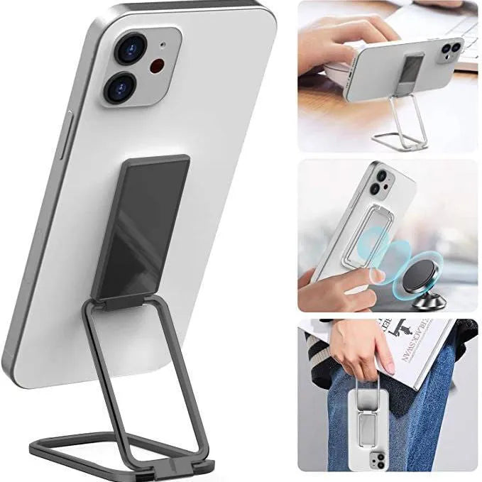 Silver foldable mobile phone holder with magnetic bracket showing adjustable viewing angles
