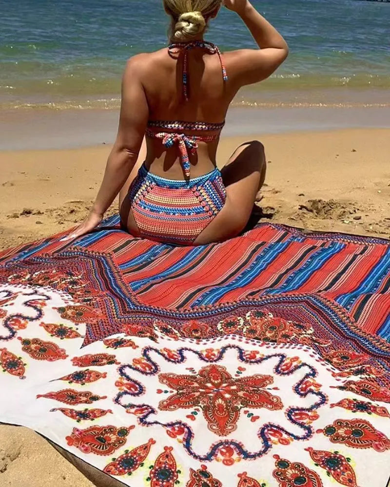 Women's three-piece split swimsuit set with high-waist briefs and a cutout blouse, shown in the pictured colour.