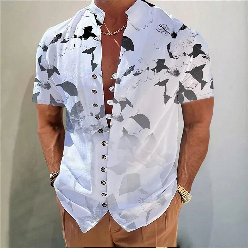 Youth short sleeve casual shirt with geometric 3D printed floral pattern in chemical fibre blending fabric