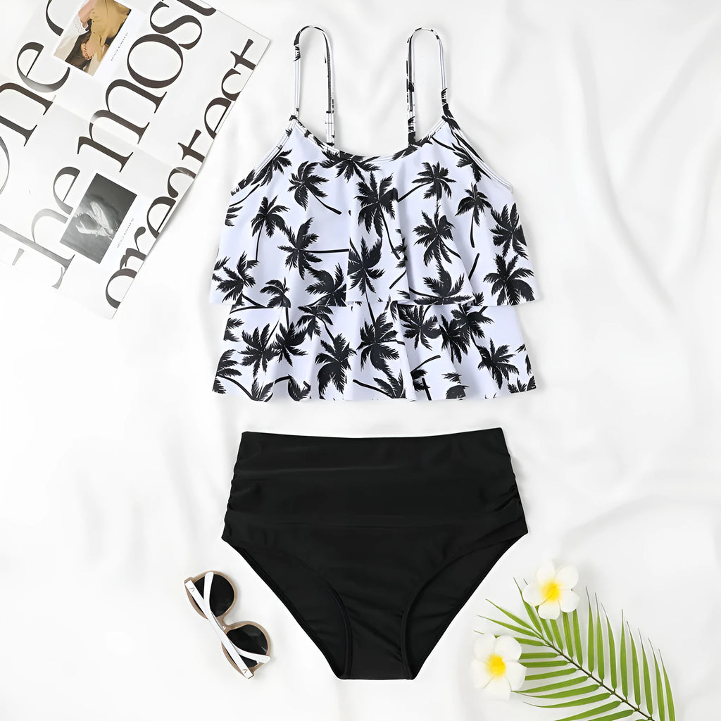 Black and coconut tree print women's high-waist double-layer swimsuit laid flat