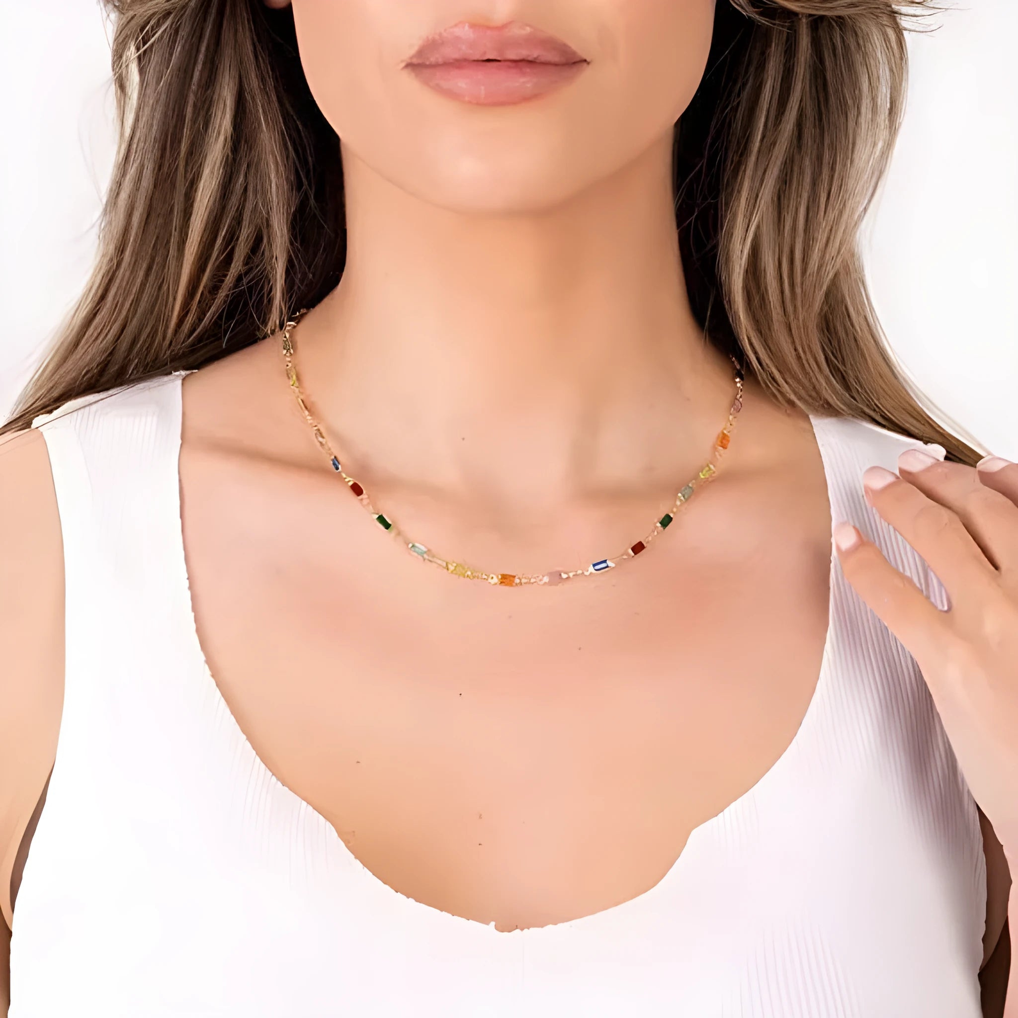 Geometric glass crystal necklace on adjustable alloy chain showing material contrasts