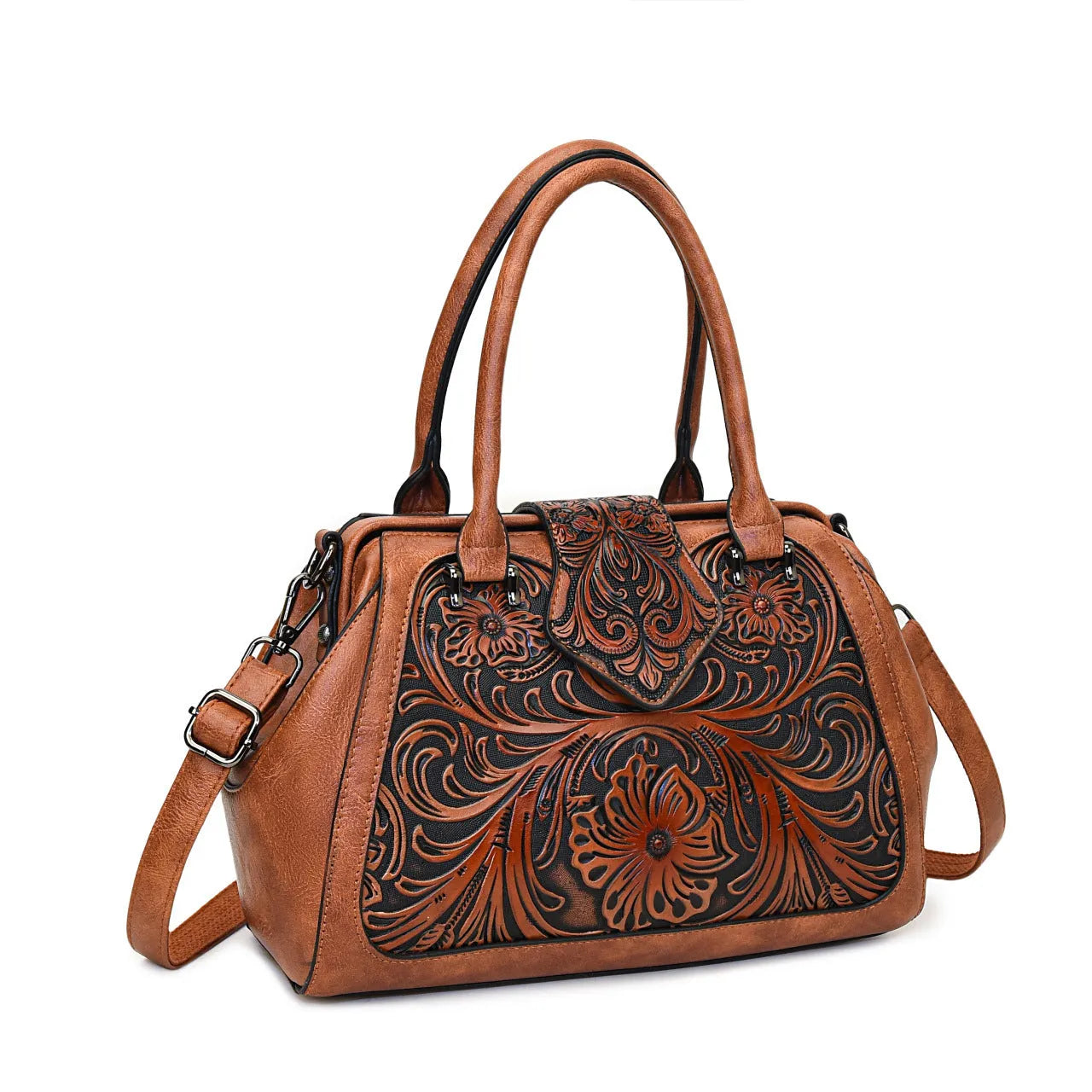 Handmade carved one-shoulder women's PU leather bag in beige with retro embossed pattern and pillow shape