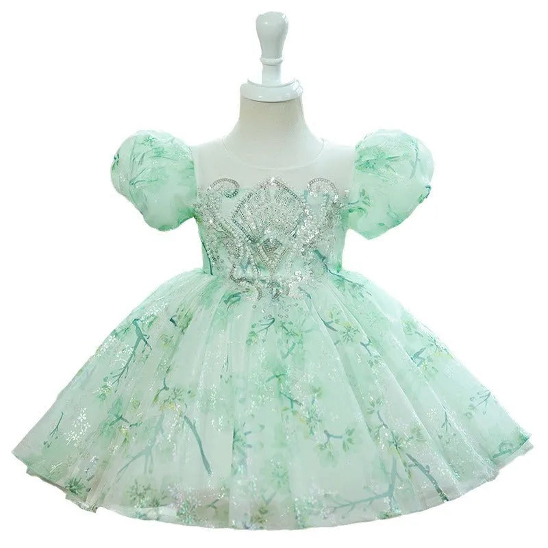Mint green fluffy gauze princess dress with puff sleeves for girls, height range 80-160cm