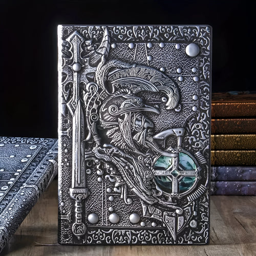 A5 leather notebook with 3D embossed warriors relief design on the cover, shown in bronze colour.