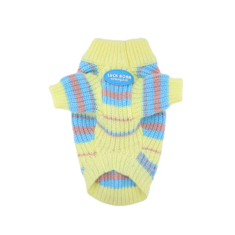 Blue and yellow striped wool sweater for a small dog on a white background
