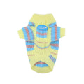 Blue and yellow striped wool sweater for a small dog on a white background