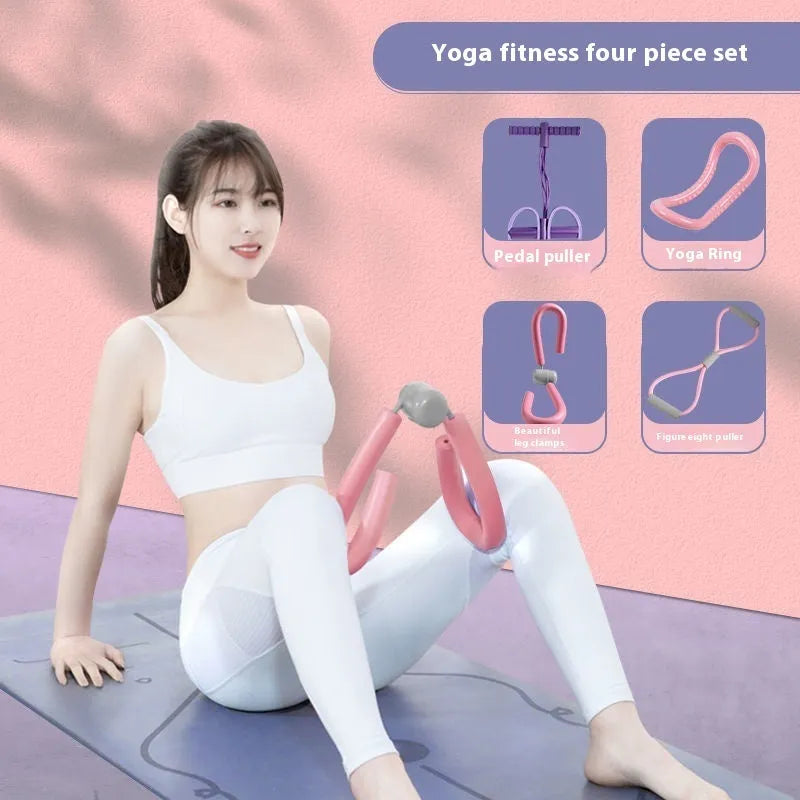 Yoga four piece set showing leg beauty device, yoga ring, pedal puller, and figure eight tension rope for home workouts.