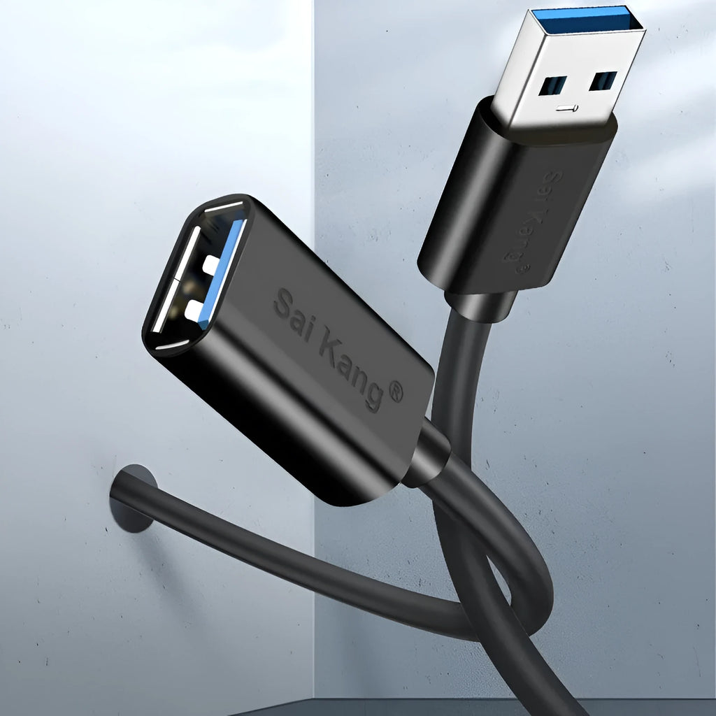 A black USB 3.0 and USB 2.0 male to female extension cable shown at various lengths.