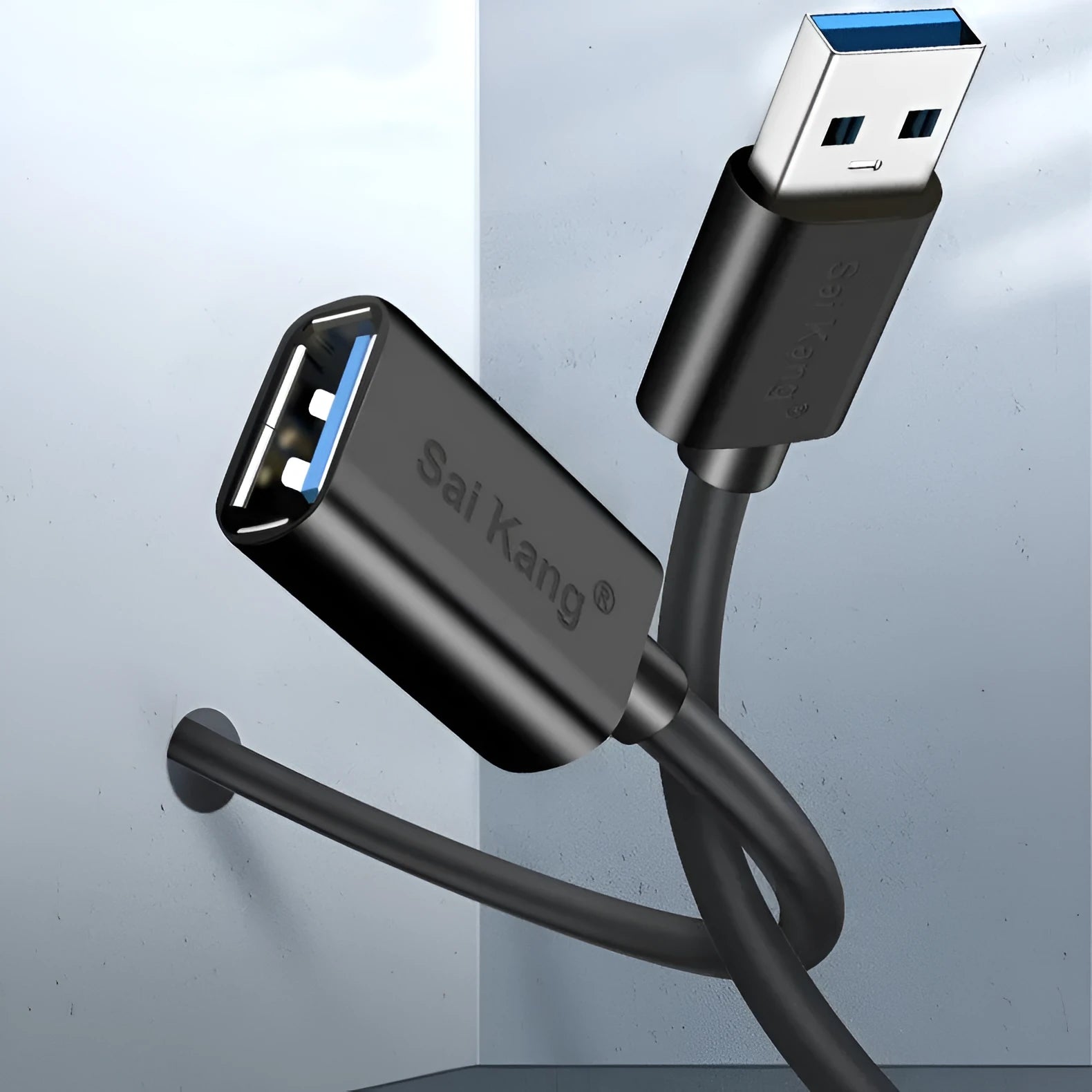 A black USB 3.0 and USB 2.0 male to female extension cable shown at various lengths.