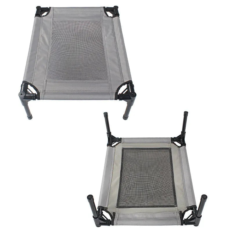 Black portable outdoor dog bed with steel frame and Oxford cloth cover for camping and travel
