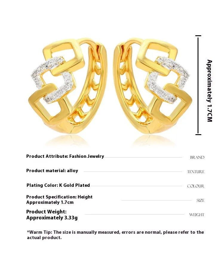 Geometric hollow gold earrings with colour separation ear clip closure
