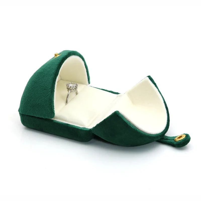 Dark green velvet flannel double door flip jewellery box with gold plated hinges for rings and accessories