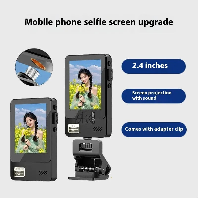 Wireless mobile screen sharing device with 2.4-inch IPS display, 1200mAh battery, and Bluetooth selfie function in black plastic