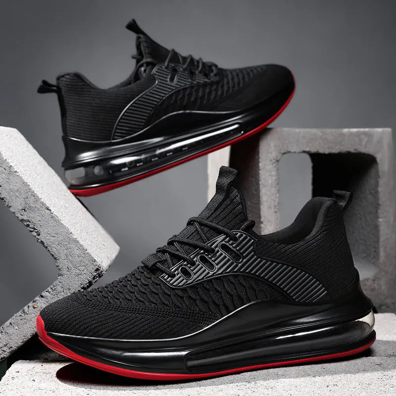 Men's black mesh running shoes with platform heel and rubber sole