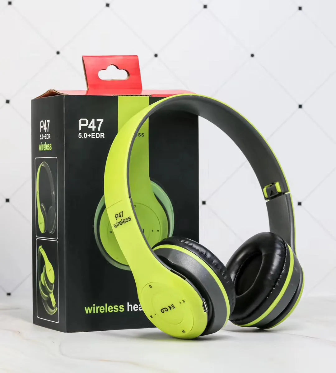 Foldable Bluetooth headphones with 40mm stereo drivers, mic, and USB TV adaptor, shown in black.