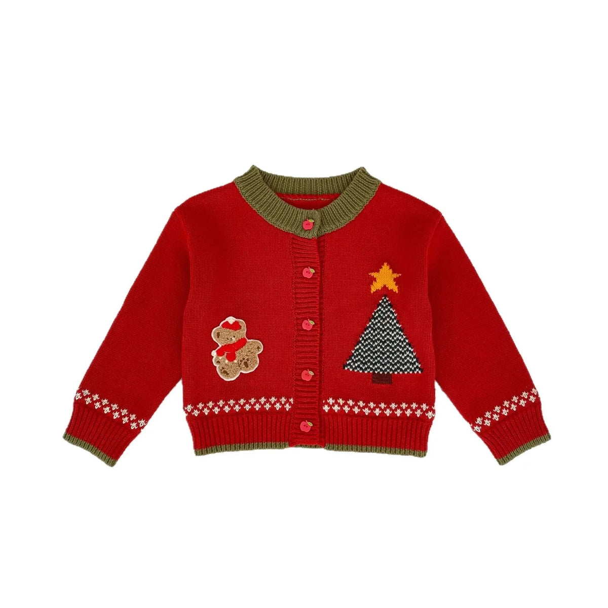 Children's cotton cardigan in French red with long sleeves, crew neck and single-breasted front, mid-length spring top