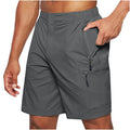 Men's casual knee-length shorts with elastic waist, straight leg, zipper fly, available in six colours.