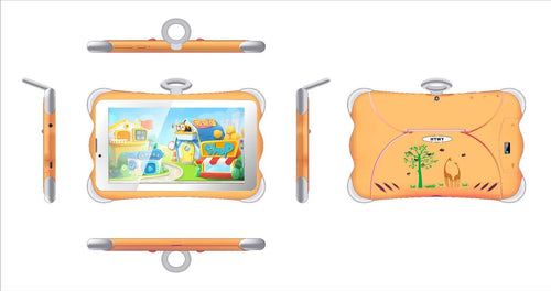 7-inch children's learning tablet with protective stand in cartoon colours showing screen display