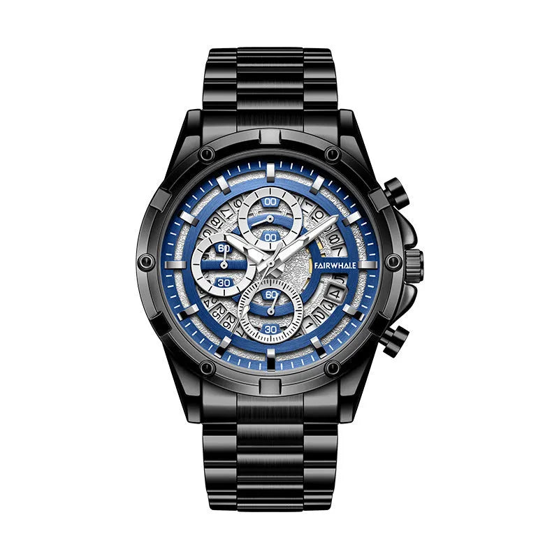 Men's waterproof quartz watch with luminous markers on a steel bracelet, showing black case with blue dial option.