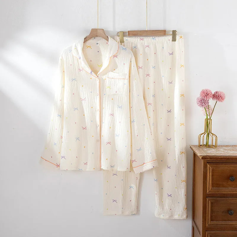 Women's cotton crepe pyjamas set in pink or beige with long sleeves and trousers