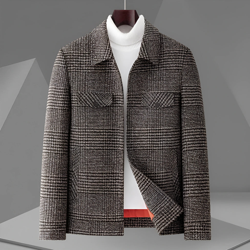 Autumn men's casual check lapel jacket in gray, loose fit with welt pocket, front view