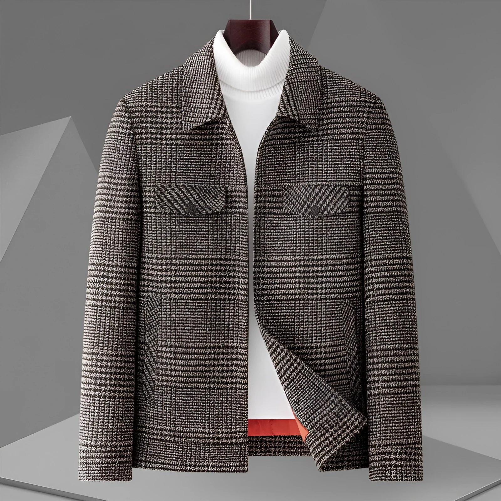 Autumn men's casual check lapel jacket in gray, loose fit with welt pocket, front view