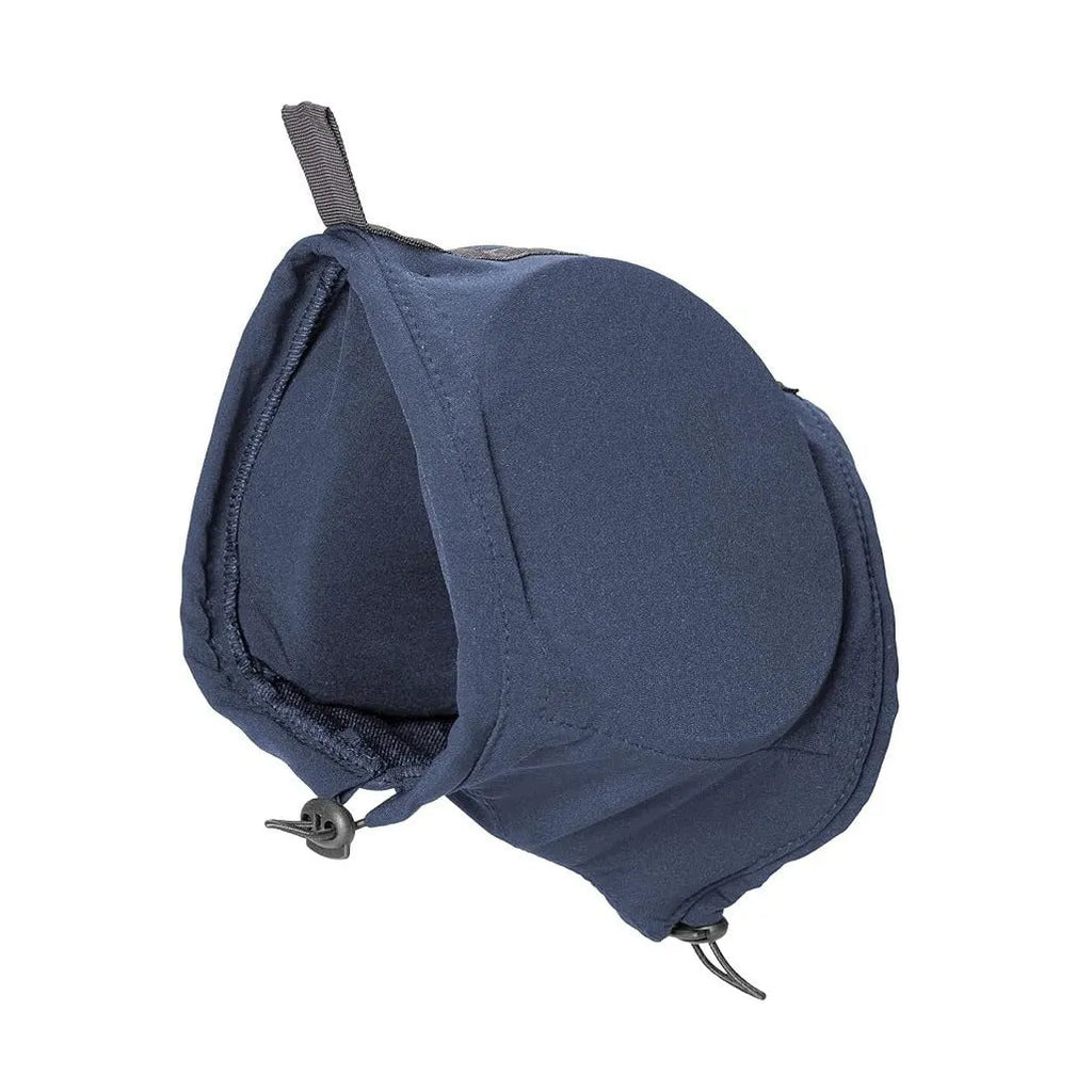 Black nylon dog earmuffs for hearing protection from thunder and fireworks, side view