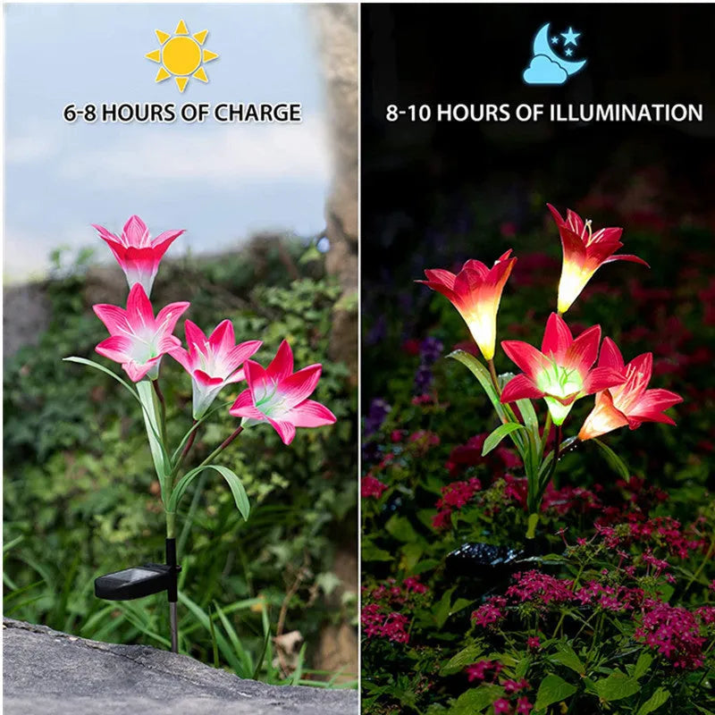 Solar lily flower garden light with purple or red flower head, ground stake, 70cm total height and IP65 waterproof rating