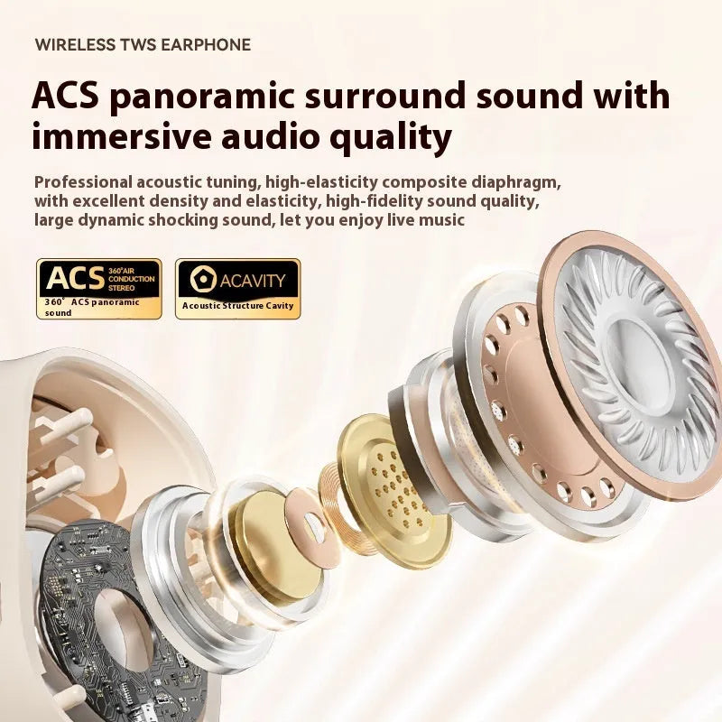 Ear-mounted headphones with digital display screen showing battery percentage, available in black colour