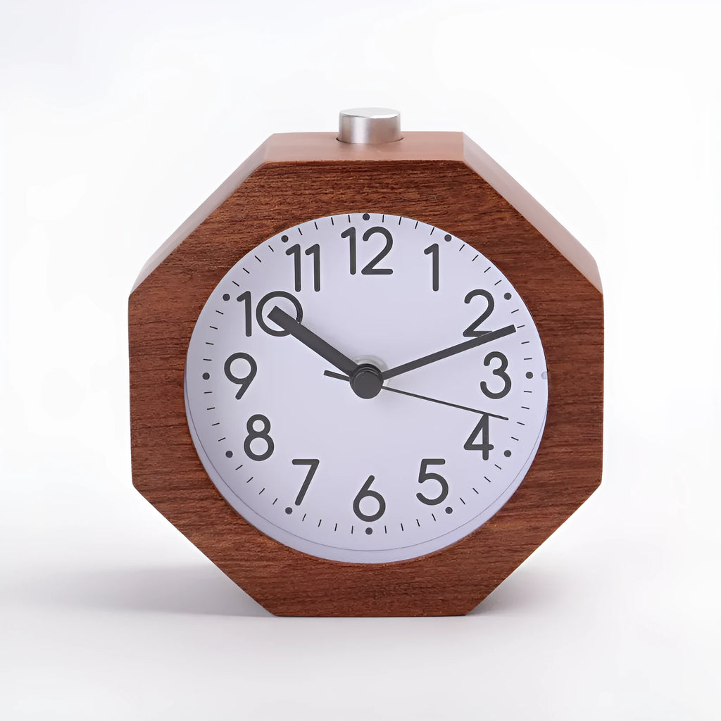 Nordic beech wood hexagonal luminous alarm clock with white face and wood shell