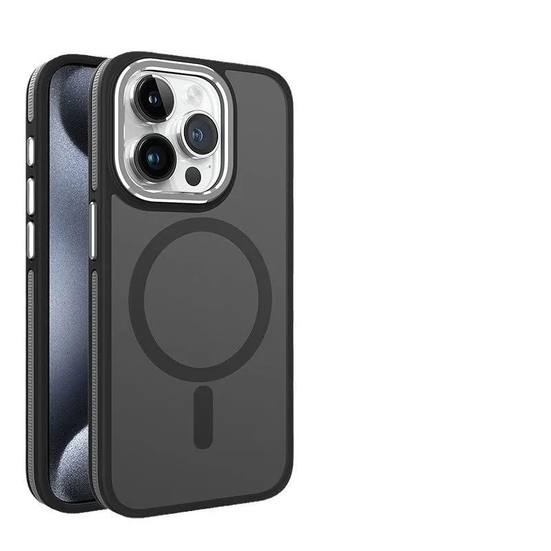 Magnetic frosted TPU phone case for iPhone 14 with metal lens ring in black