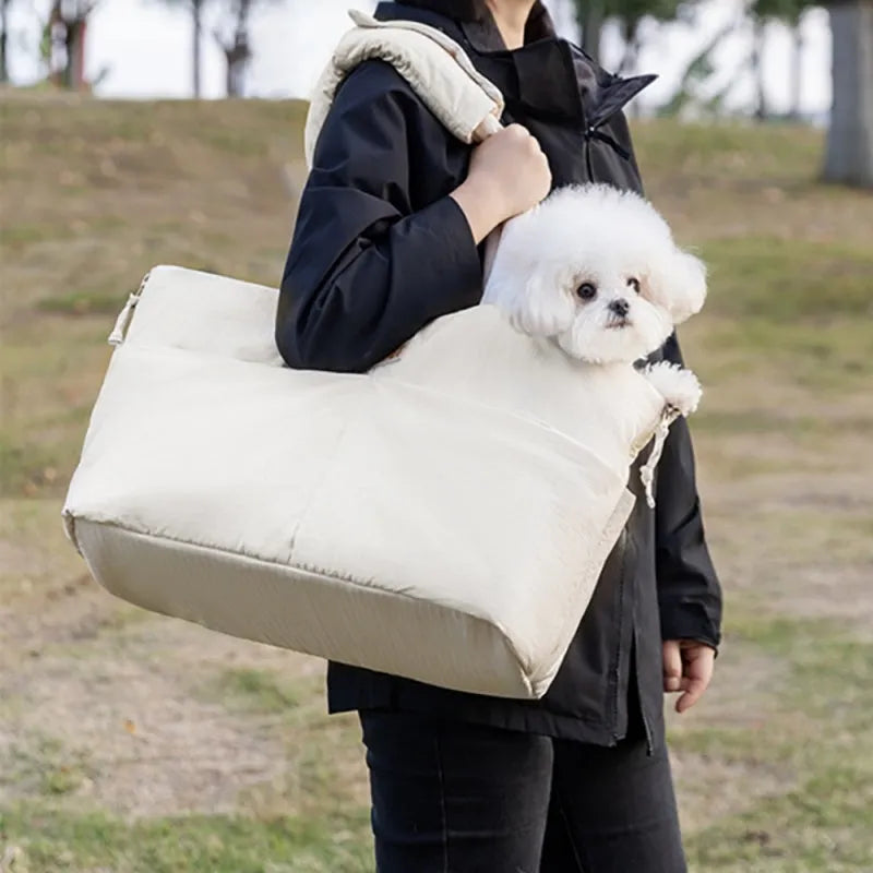 Dog car seat pet carrier in beige for small breeds up to 10 pounds with safety leash and centre console fit