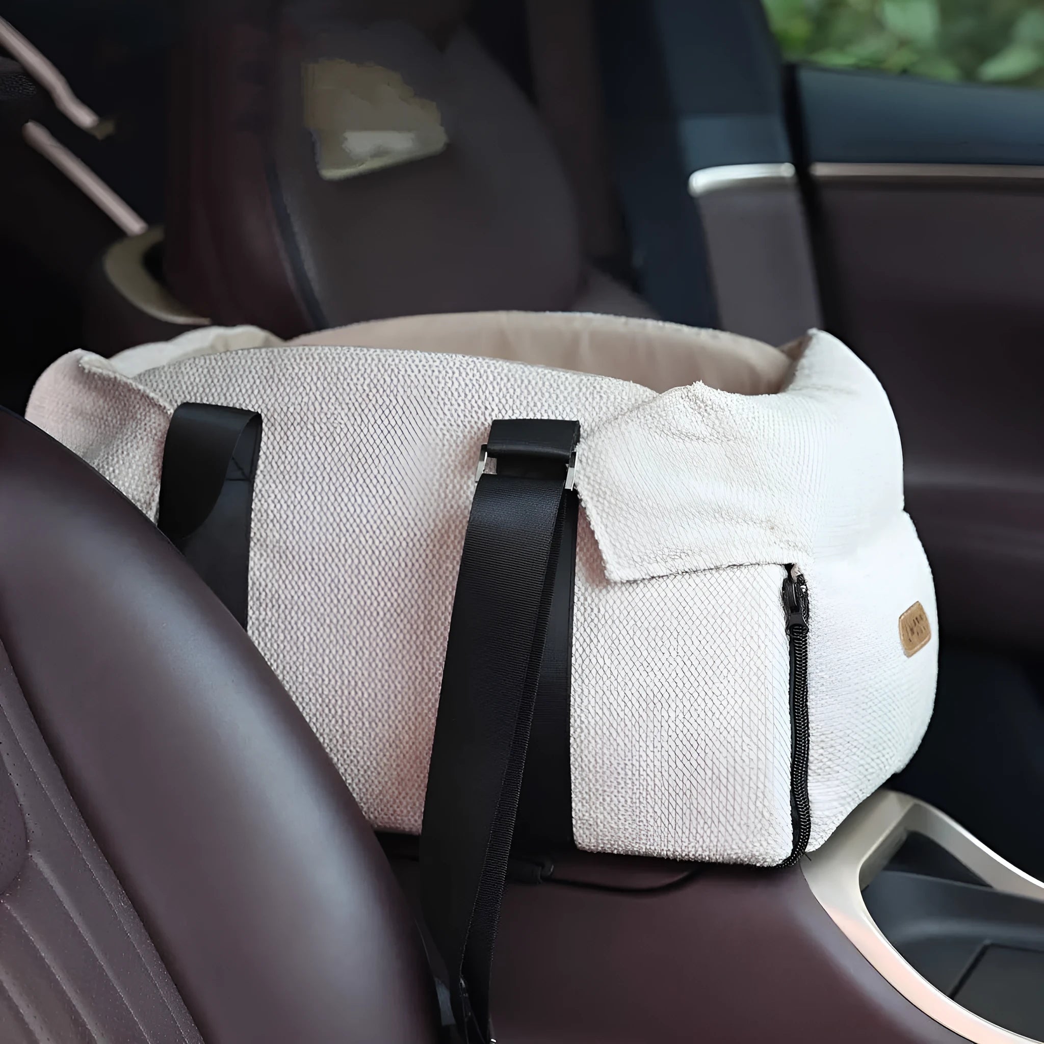 Beige white dual-use pet car nest and bed carrier for small dogs or cats.