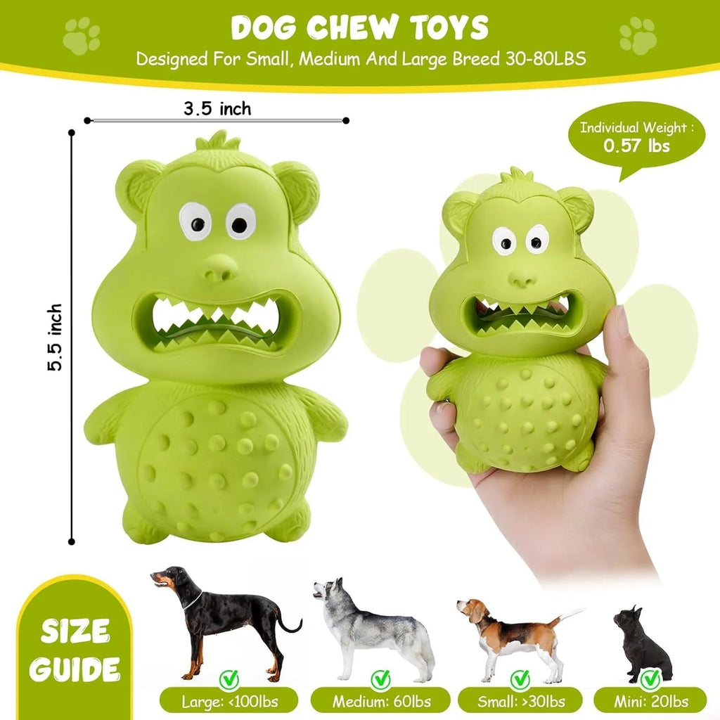 Green and yellow natural rubber squeaky dog toy for aggressive chewing large breed dogs.
